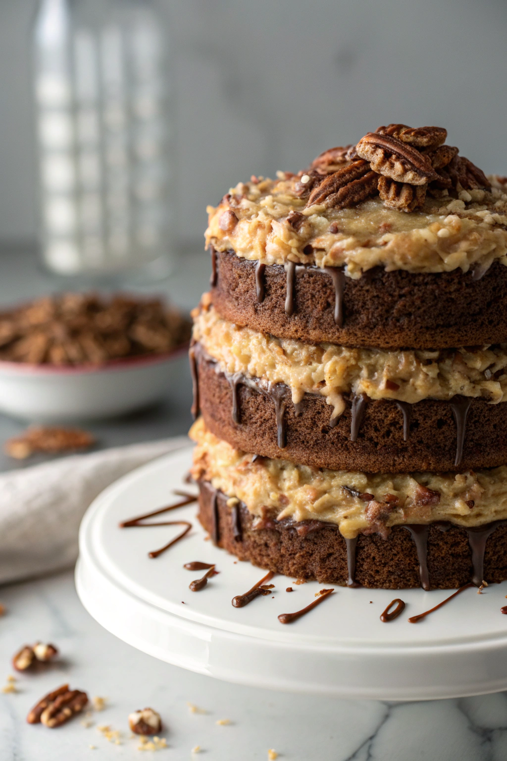 German chocolate cake recipe featuring three moist chocolate layers with classic coconut-pecan frosting, viewed from above