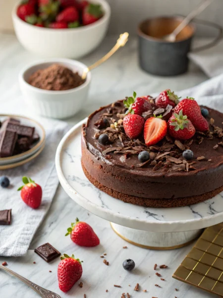 Gluten free chocolate cake with rich chocolate ganache topping, sliced to show moist interior