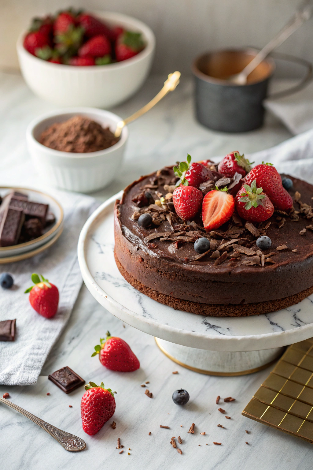 Gluten free chocolate cake with rich chocolate ganache topping, sliced to show moist interior