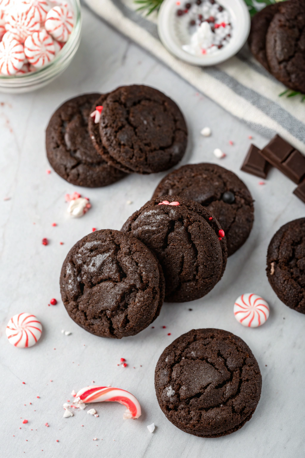 Oreo peppermint cookies topped with crushed candy canes and festive sprinkles arranged in an appetizing stack on marble surface