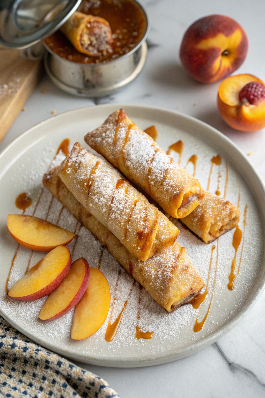 Peach cobbler egg rolls dusted with powdered sugar and served with fresh peach slices and caramel sauce