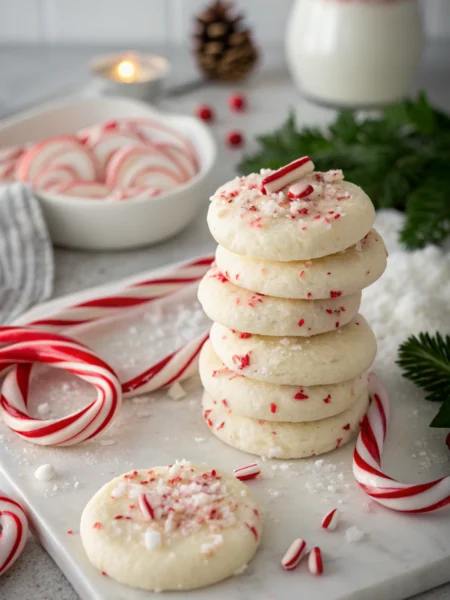 Peppermint cookies decorated with crushed candy canes arranged in an elegant stack with holiday decorative elements