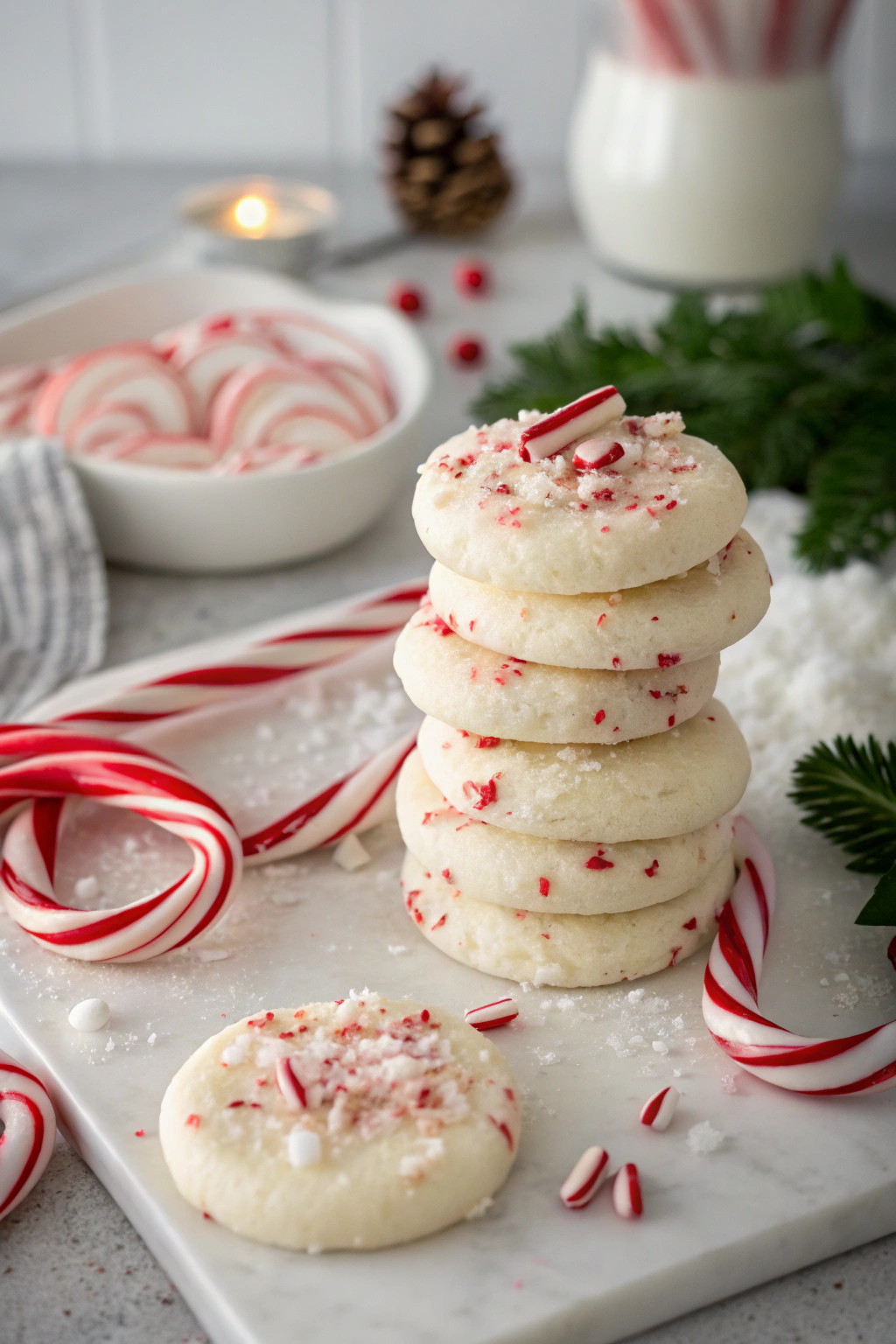 Peppermint cookies decorated with crushed candy canes arranged in an elegant stack with holiday decorative elements