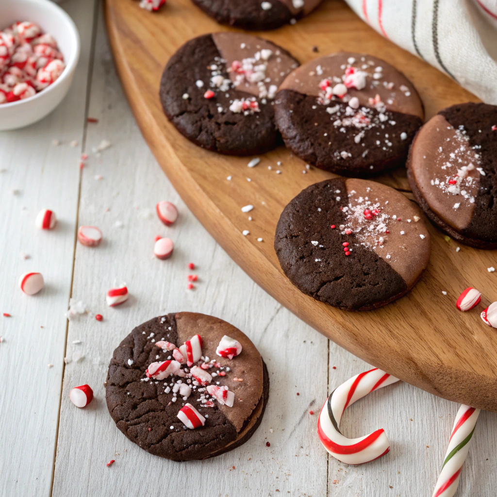 Peppermint cookies swirled with dark chocolate and topped with crushed candy canes on wooden surface