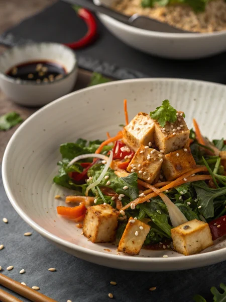 Asian tofu salad with crispy tofu cubes, colorful vegetables, and sesame-ginger dressing served in a modern white bowl
