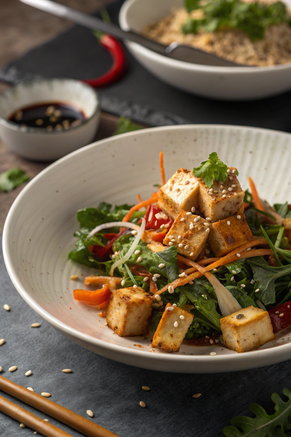 Asian tofu salad with crispy tofu cubes, colorful vegetables, and sesame-ginger dressing served in a modern white bowl