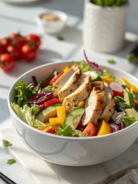 Chicken and vegetable salad with colorful bell peppers, avocado, and tender chicken chunks in a light vinaigrette