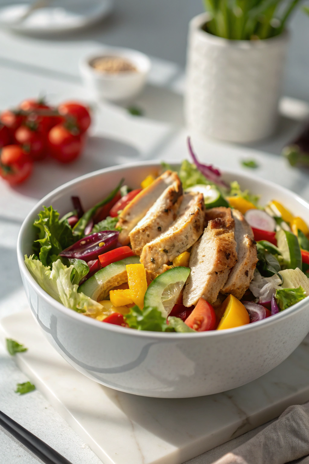 Chicken and vegetable salad with colorful bell peppers, avocado, and tender chicken chunks in a light vinaigrette