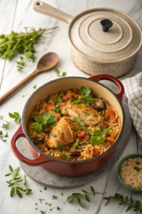 One-pot meal ideas featuring colorful chicken and rice dish with fresh herbs in Dutch oven, overhead view