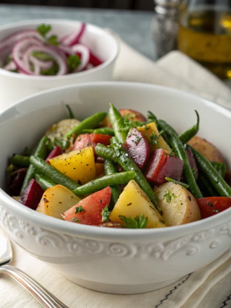 Potato and green bean salad with herbs in white bowl, featuring tender potatoes and crisp vegetables in a light vinaigrette