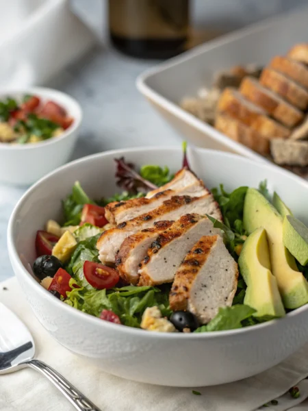 Southwest chicken salad with grilled chicken, corn, black beans, and avocado in a white bowl with cilantro-lime dressing