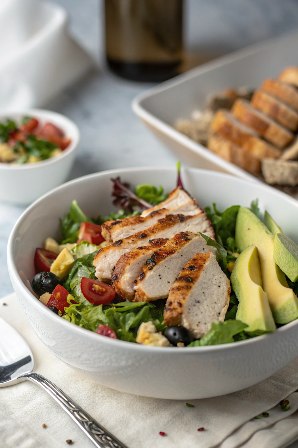Southwest chicken salad with grilled chicken, corn, black beans, and avocado in a white bowl with cilantro-lime dressing
