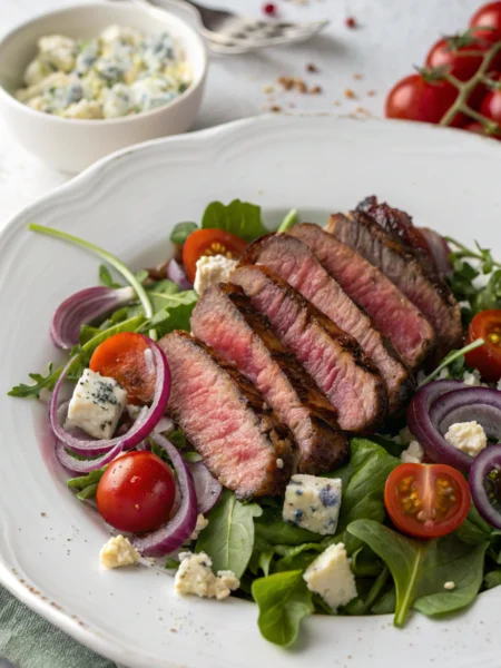 Steak salad with medium-rare beef slices, fresh mixed greens, cherry tomatoes, and blue cheese crumbles