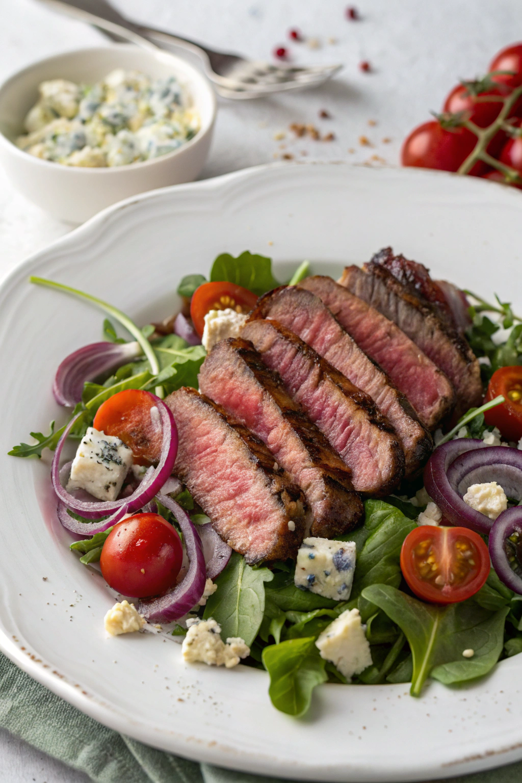 Steak salad with medium-rare beef slices, fresh mixed greens, cherry tomatoes, and blue cheese crumbles