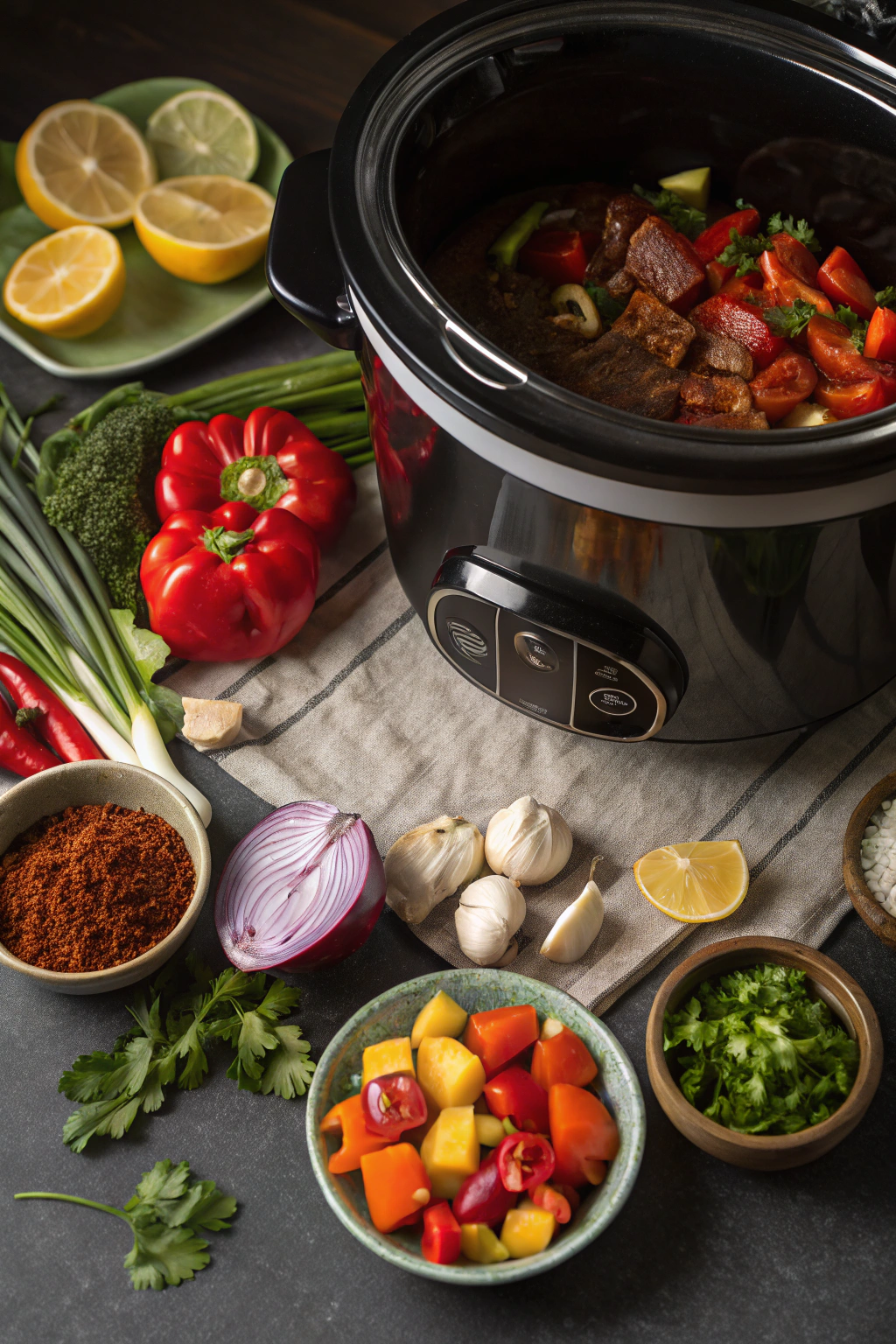 Slow cooker meal prep ingredients beautifully arranged around steaming crockpot with fresh vegetables and seasoned meats
