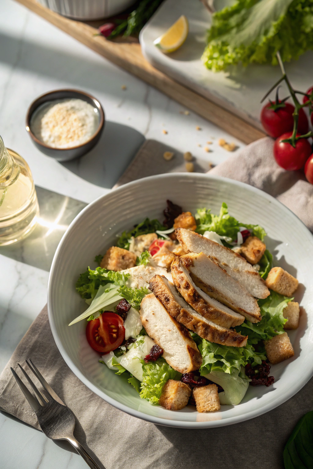 Tossed chicken salad with colorful vegetables and herbs in a white bowl, drizzled with homemade dressing