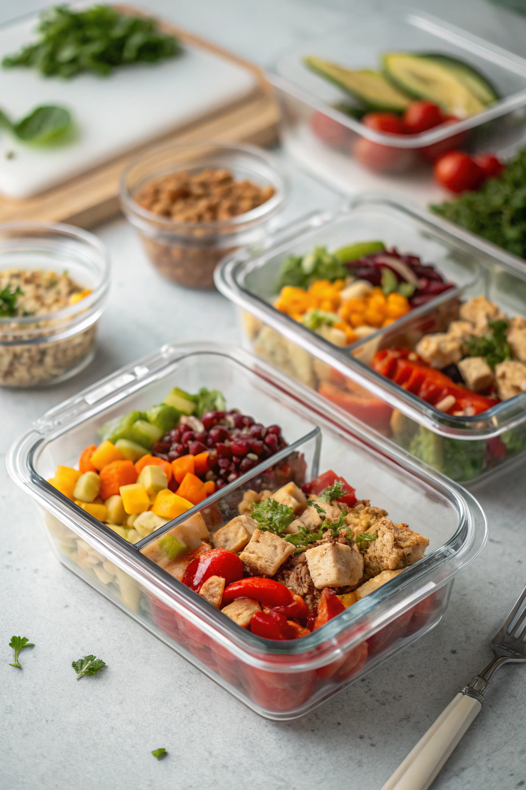 Batch cooking tips showcased through organized meal prep containers with colorful, portioned meals ready for the week