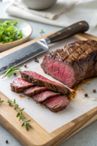 Sous-vide cooking: perfectly cooked medium-rare steak being sliced with immersion circulator and water bath in background