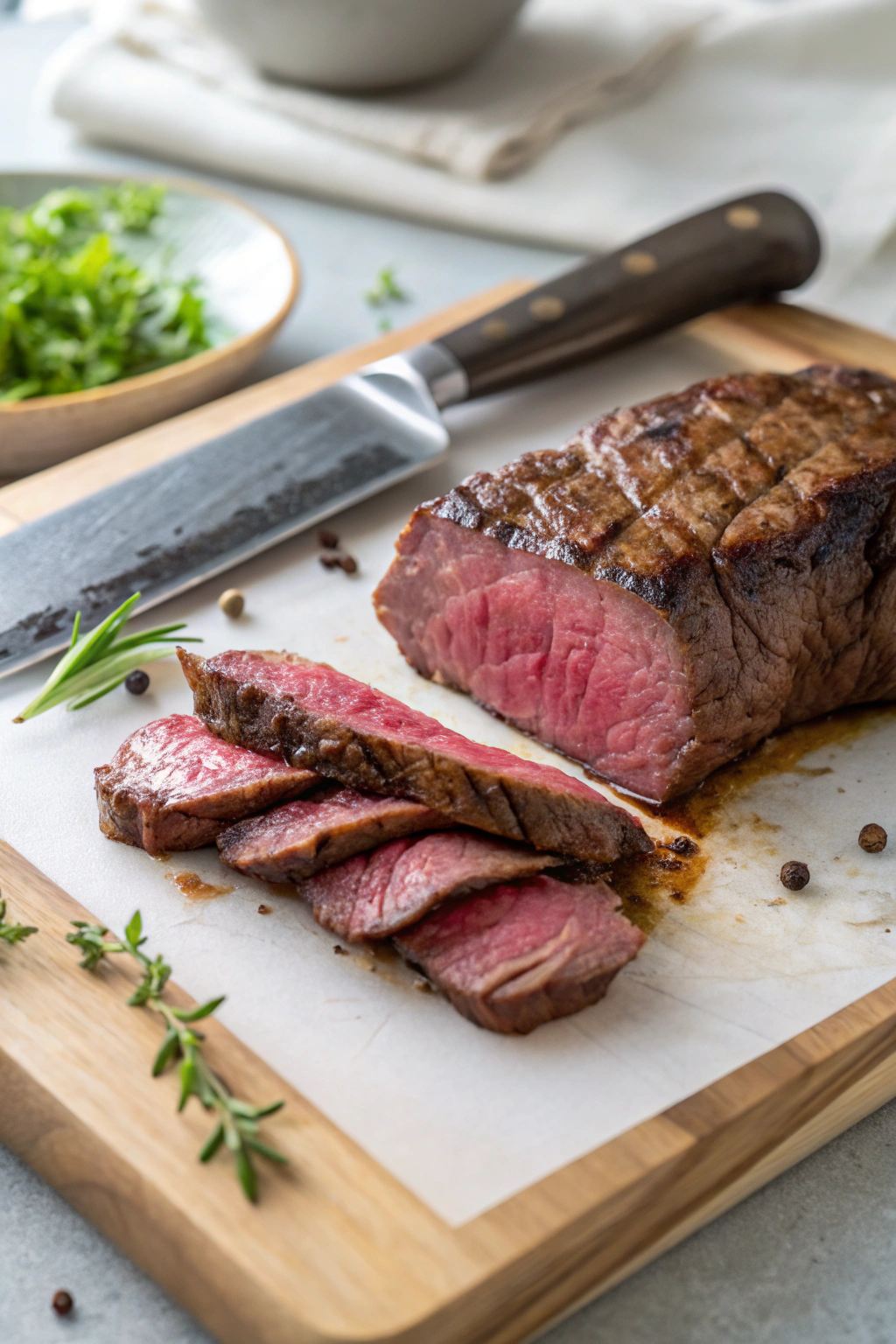 Sous-vide cooking: perfectly cooked medium-rare steak being sliced with immersion circulator and water bath in background