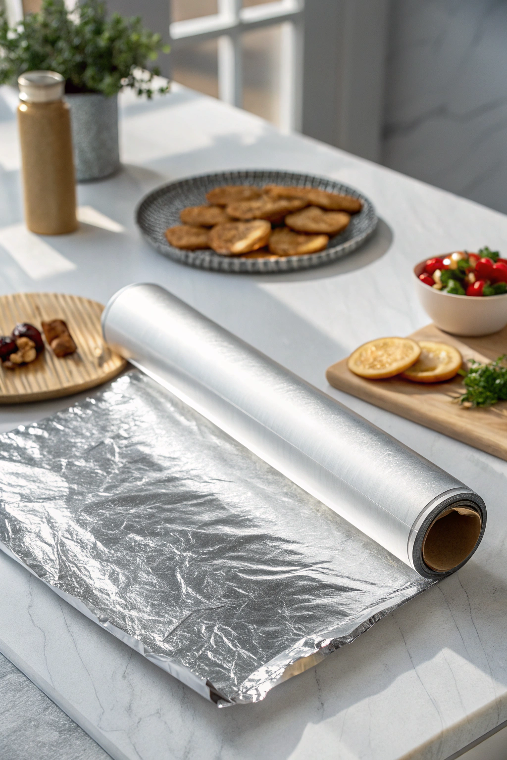 Aluminum foil roll with dramatic lighting highlighting metallic surface texture and professional kitchen setting