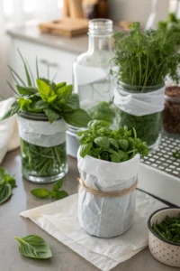 Fresh herb storage methods showing various herbs in glass jars, wrapped bundles, and specialized containers for maximum freshness