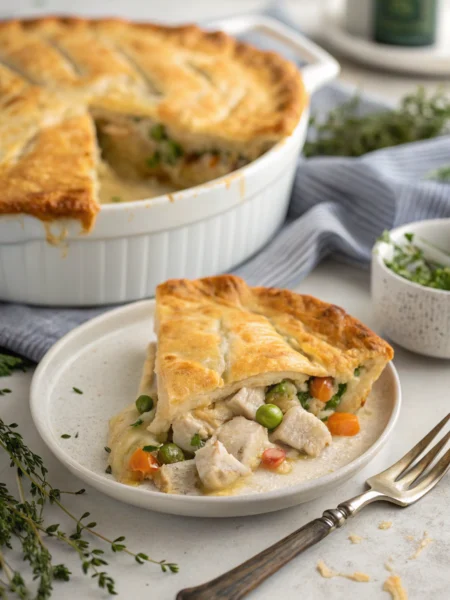 Chicken pot pie casserole with golden-brown crust and creamy filling, showing a perfectly cut corner piece revealing tender chicken and vegetables