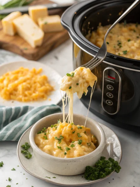 Crockpot mac and cheese with creamy cheese sauce and perfectly cooked pasta, topped with melted cheddar pulls