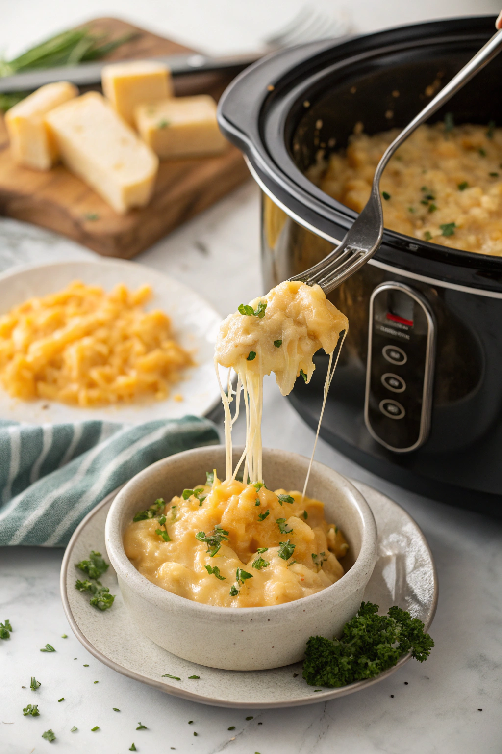 Crockpot mac and cheese with creamy cheese sauce and perfectly cooked pasta, topped with melted cheddar pulls