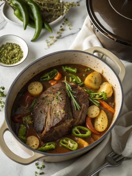 Mississippi pot roast with tender beef, pepperoncini peppers, and rich gravy in slow cooker, showcasing perfect doneness and savory appeal
