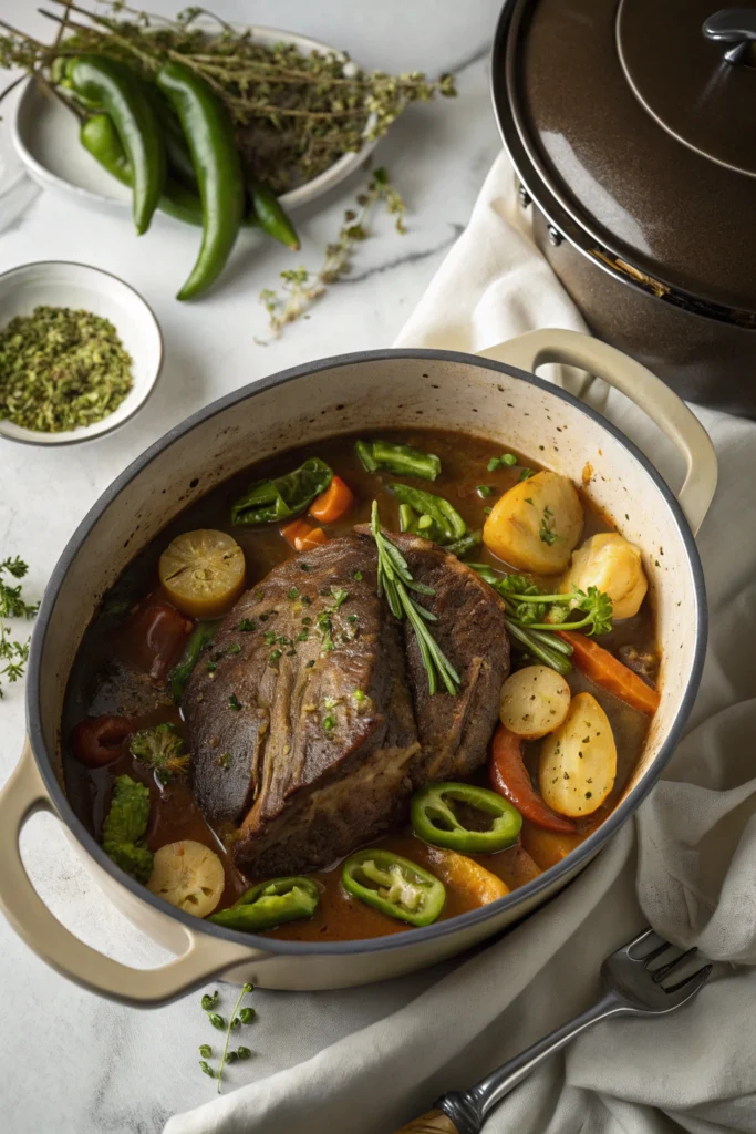 Mississippi pot roast with tender beef, pepperoncini peppers, and rich gravy in slow cooker, showcasing perfect doneness and savory appeal