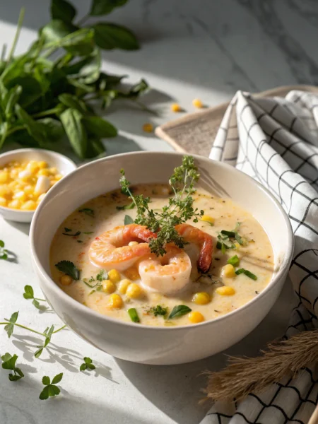 Shrimp and corn soup topped with fresh parsley in white ceramic bowl, steam rising from creamy broth with visible corn kernels and pink shrimp