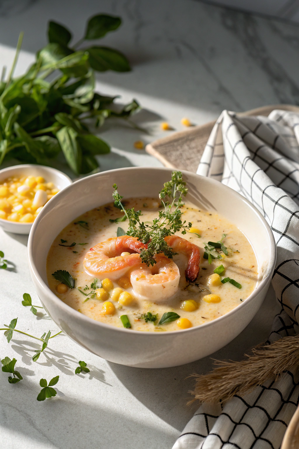 Shrimp and corn soup topped with fresh parsley in white ceramic bowl, steam rising from creamy broth with visible corn kernels and pink shrimp