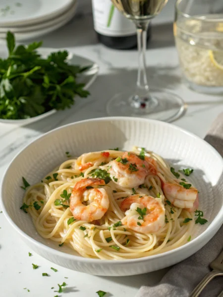 Shrimp scampi Olive Garden style with al dente pasta in garlic butter sauce, topped with fresh herbs