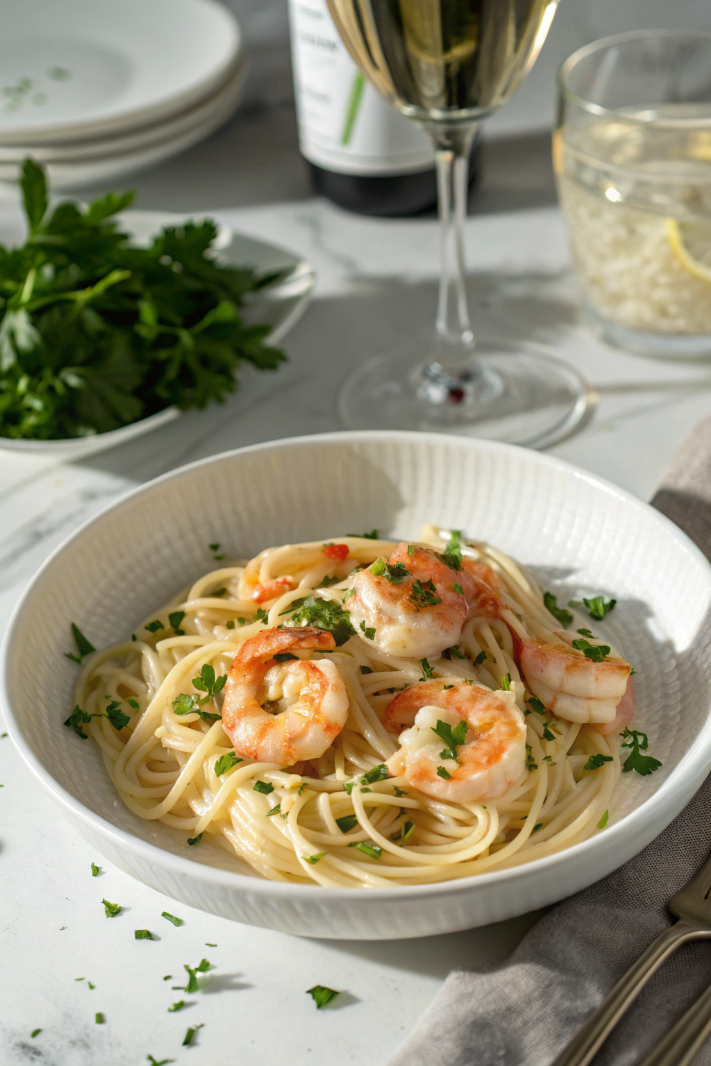 Shrimp scampi Olive Garden style with al dente pasta in garlic butter sauce, topped with fresh herbs