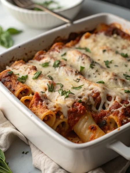 Vegan baked ziti with melted dairy-free cheese and fresh basil in rustic ceramic dish, golden brown top with bubbling edges
