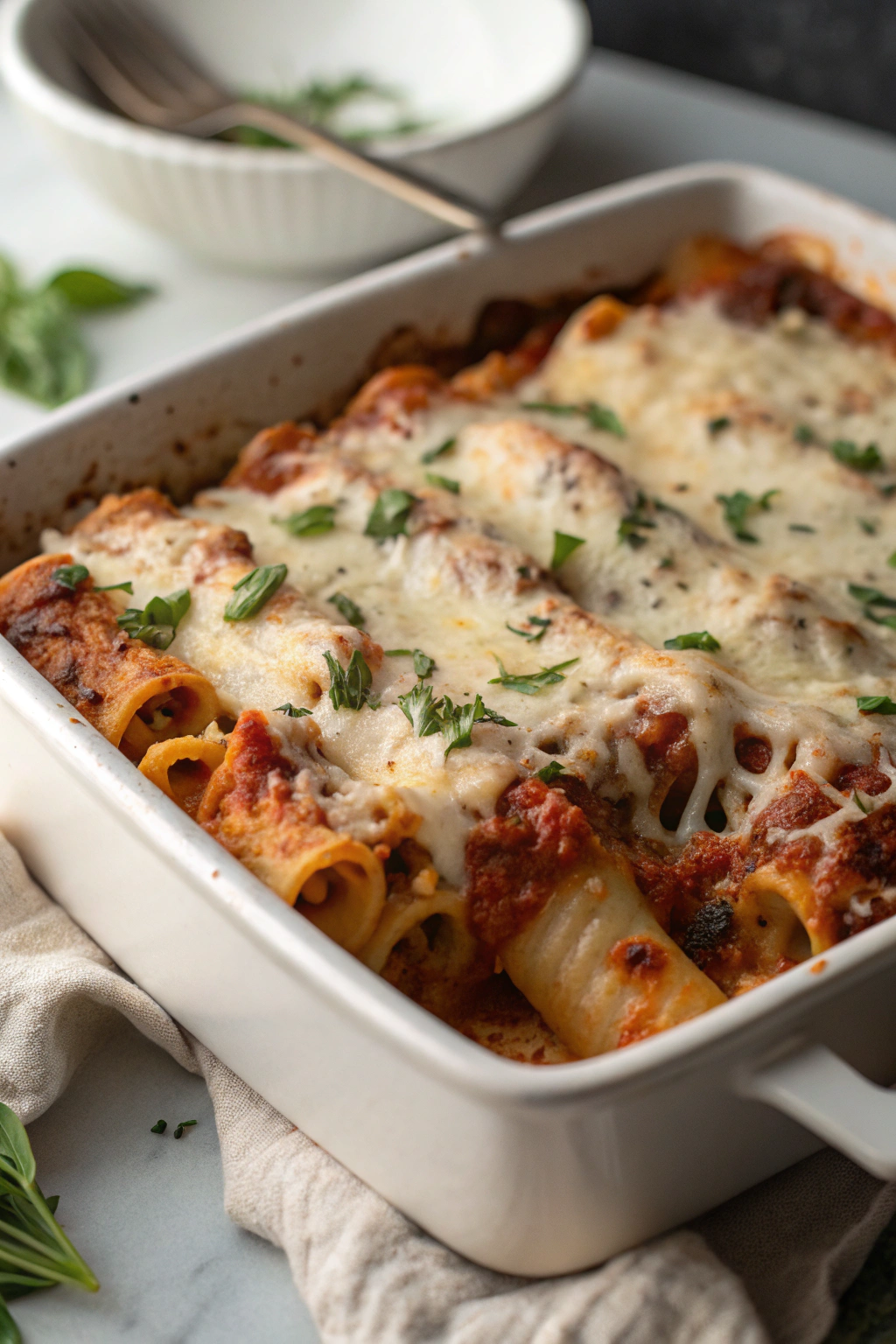Vegan baked ziti with melted dairy-free cheese and fresh basil in rustic ceramic dish, golden brown top with bubbling edges