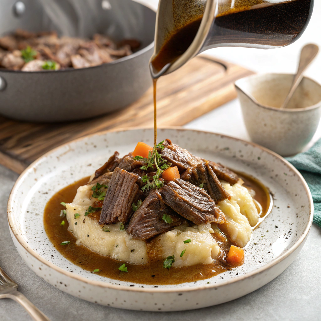 Mississippi pot roast served with rich gravy and pepperoncini on rustic plate, steam rising