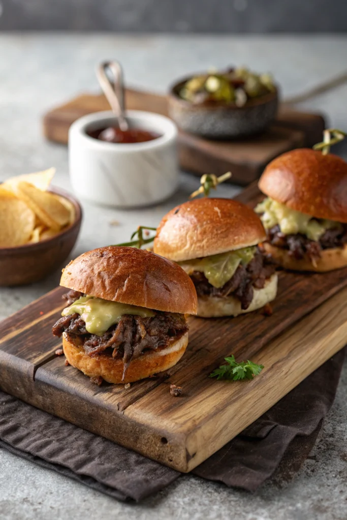 Mississippi pot roast sliders with melted cheese and pepperoncini on wooden serving board, garnished with fresh herbs