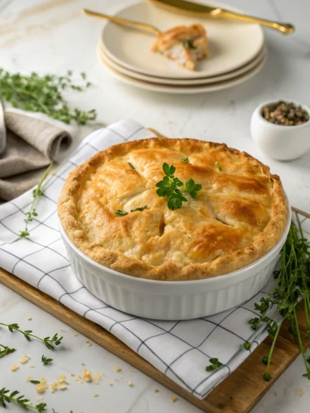 Chicken pot pie with golden-brown flaky crust and steam rising from decorative cuts, showcasing homemade comfort food perfection