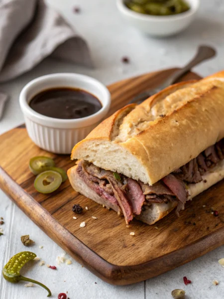 Mississippi French dip sandwich served with au jus and pepperoncini on wooden board, showcasing tender beef and golden toasted bread