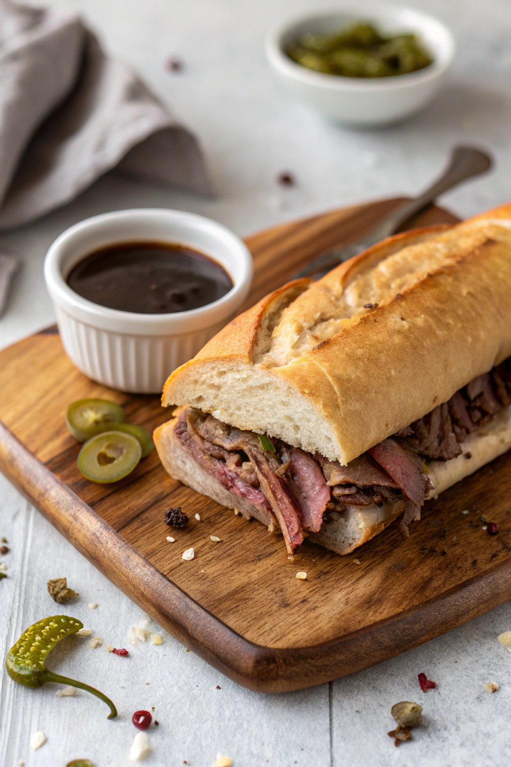 Mississippi French dip sandwich served with au jus and pepperoncini on wooden board, showcasing tender beef and golden toasted bread