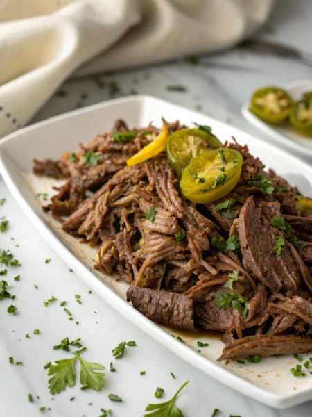 Mississippi pot roast recipe showing tender shredded beef with pepperoncini and herbs on white platter