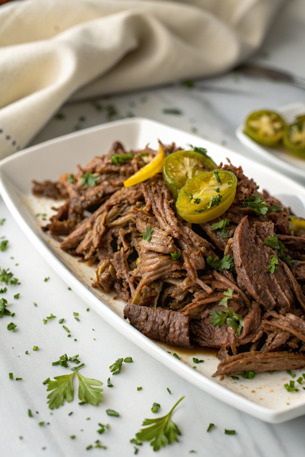 Mississippi pot roast recipe showing tender shredded beef with pepperoncini and herbs on white platter