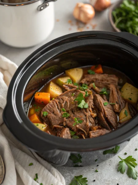 Slow cooker Mississippi pot roast with tender meat, pepperoncini peppers, and rich gravy in ceramic slow cooker