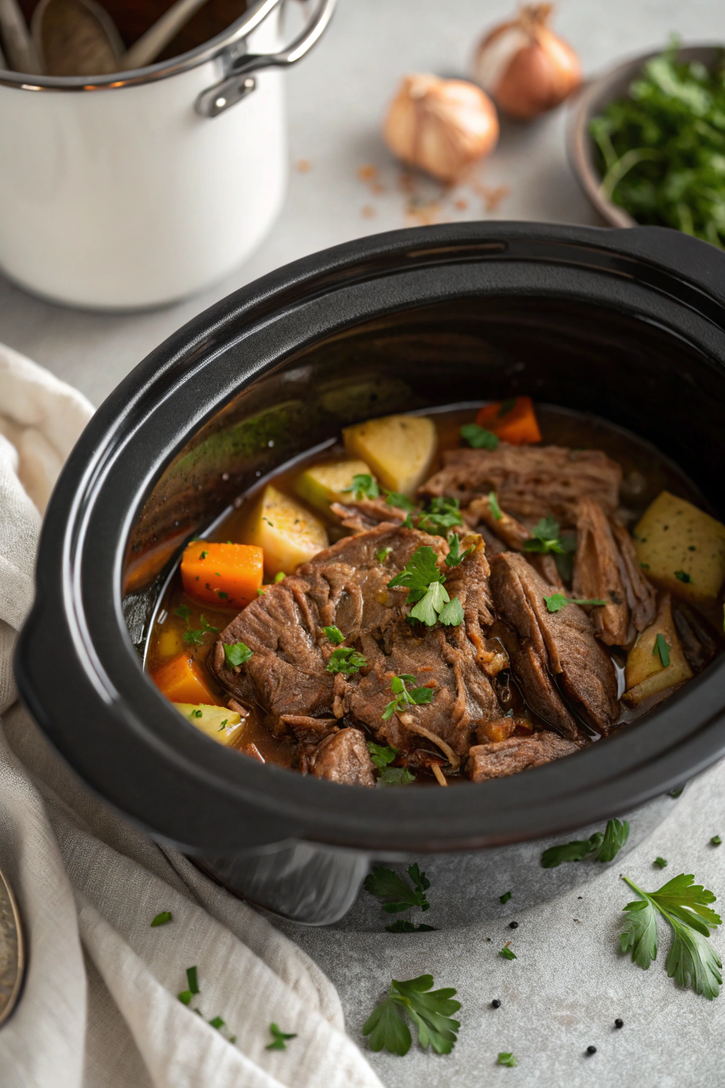 Slow cooker Mississippi pot roast with tender meat, pepperoncini peppers, and rich gravy in ceramic slow cooker
