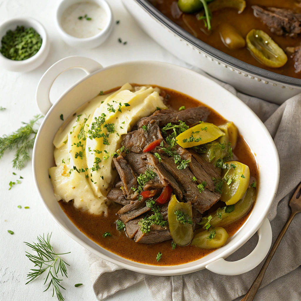 Mississippi pot roast traditional Southern style with pepperoncini peppers and rich gravy on rustic plate