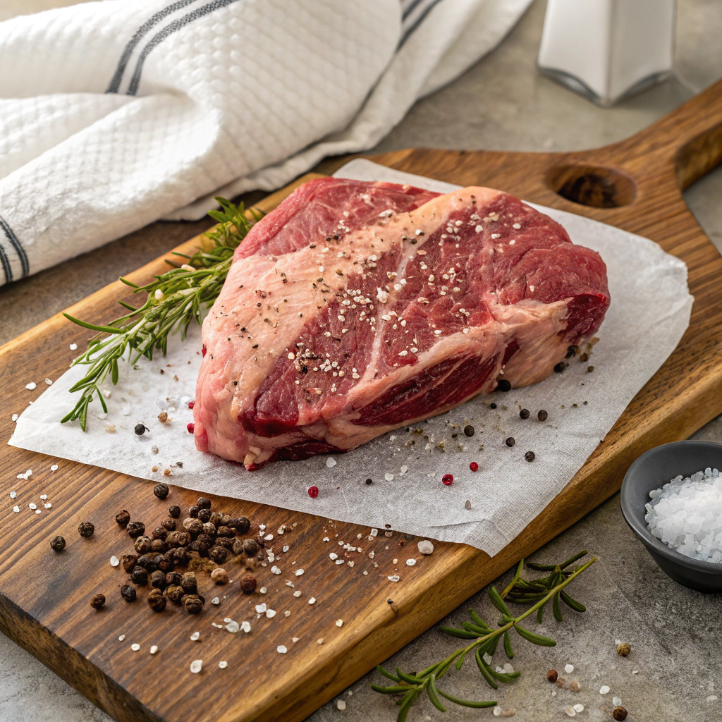Mississippi pot roast chuck roast preparation with kosher salt and black pepper on wooden cutting board