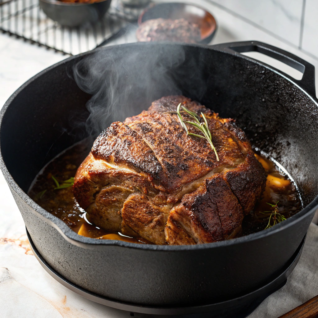 Mississippi pot roast getting perfectly seared in Dutch oven, showing deep golden-brown crust formation
