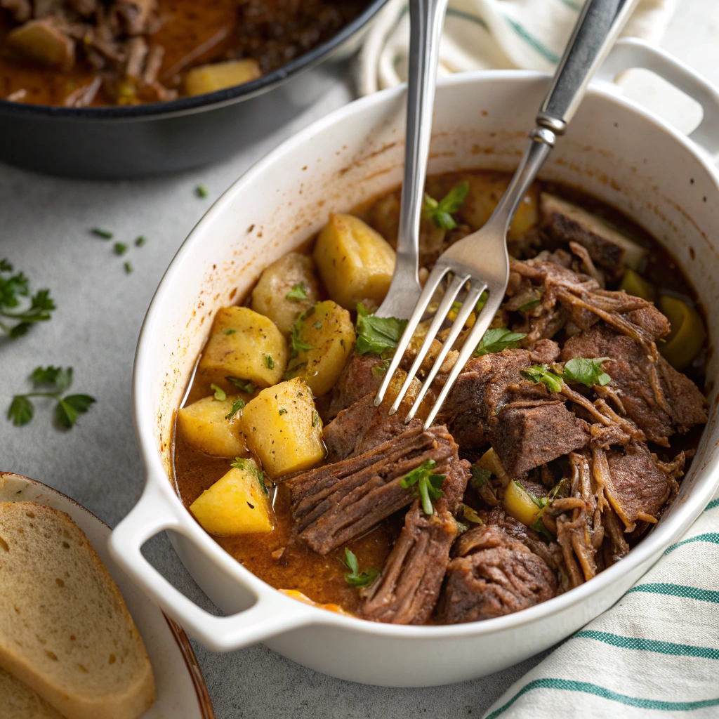 Mississippi pot roast being pulled apart with forks showing tender, perfectly cooked texture