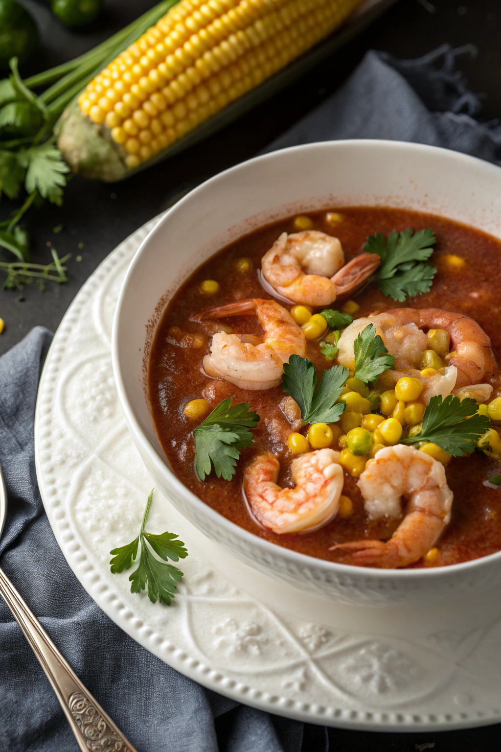 Cajun shrimp and corn soup garnished with fresh herbs, showcasing plump shrimp and golden corn in a rich, spiced broth